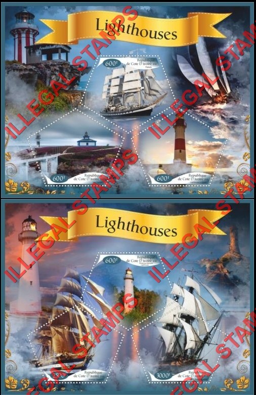 Ivory Coast 2018 Lighthouses and Sailing Ships Illegal Stamp Souvenir Sheets of 3