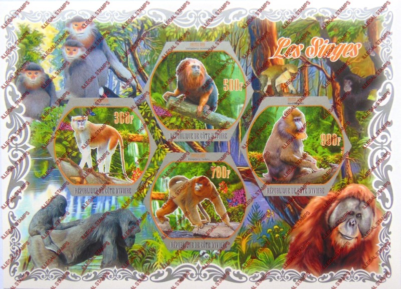 Ivory Coast 2018 Monkeys Illegal Stamp Souvenir Sheet of 4