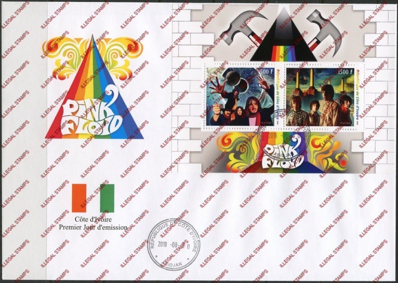 Ivory Coast 2018 Pink Floyd Illegal Stamp Souvenir Sheet on Fake First Day Cover