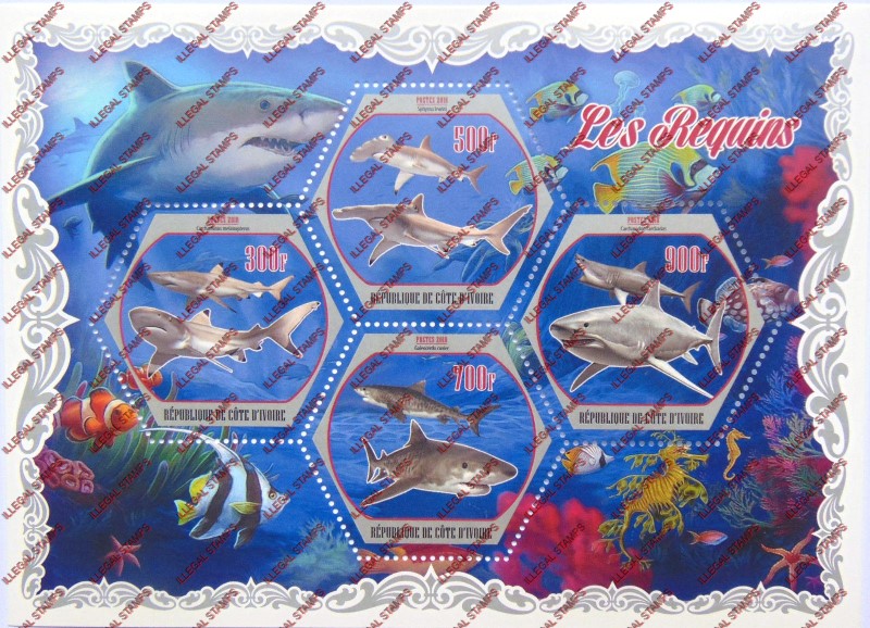 Ivory Coast 2018 Sharks Illegal Stamp Souvenir Sheet of 4