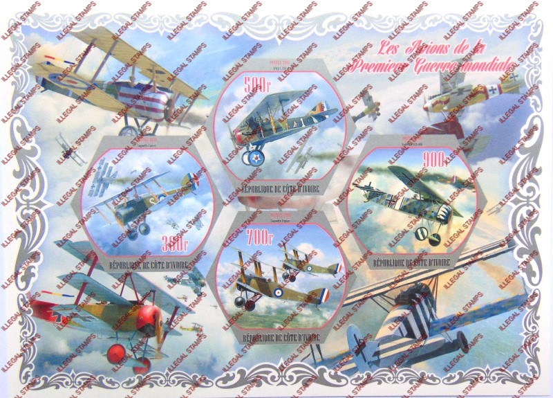Ivory Coast 2018 World War 1 Aircraft Illegal Stamp Souvenir Sheet of 4