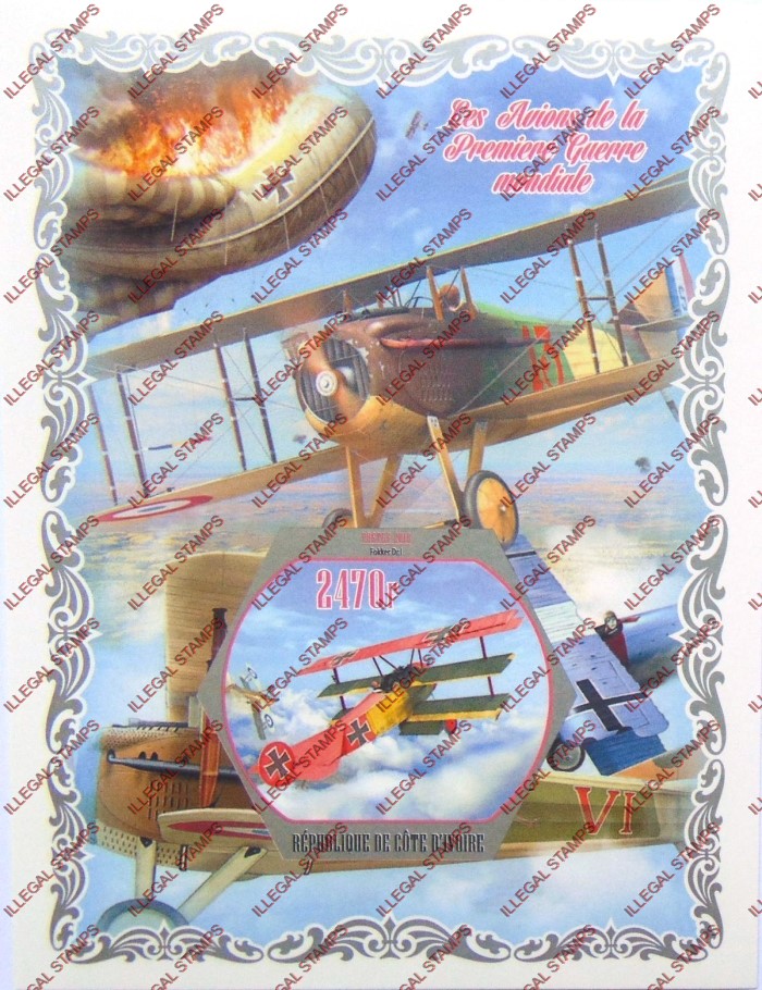 Ivory Coast 2018 World War 1 Aircraft Illegal Stamp Souvenir Sheet of 1