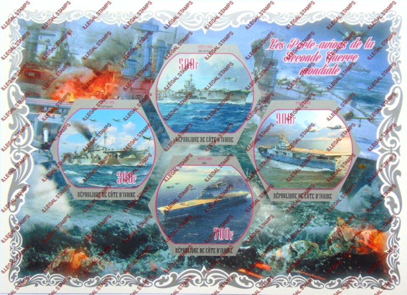 Ivory Coast 2018 World War 2 Aircraft Carriers Illegal Stamp Souvenir Sheet of 4
