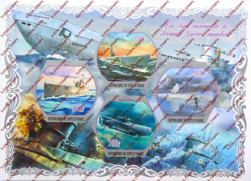 Ivory Coast 2018 World War 2 Submarines Illegal Stamp Souvenir Sheet of 4