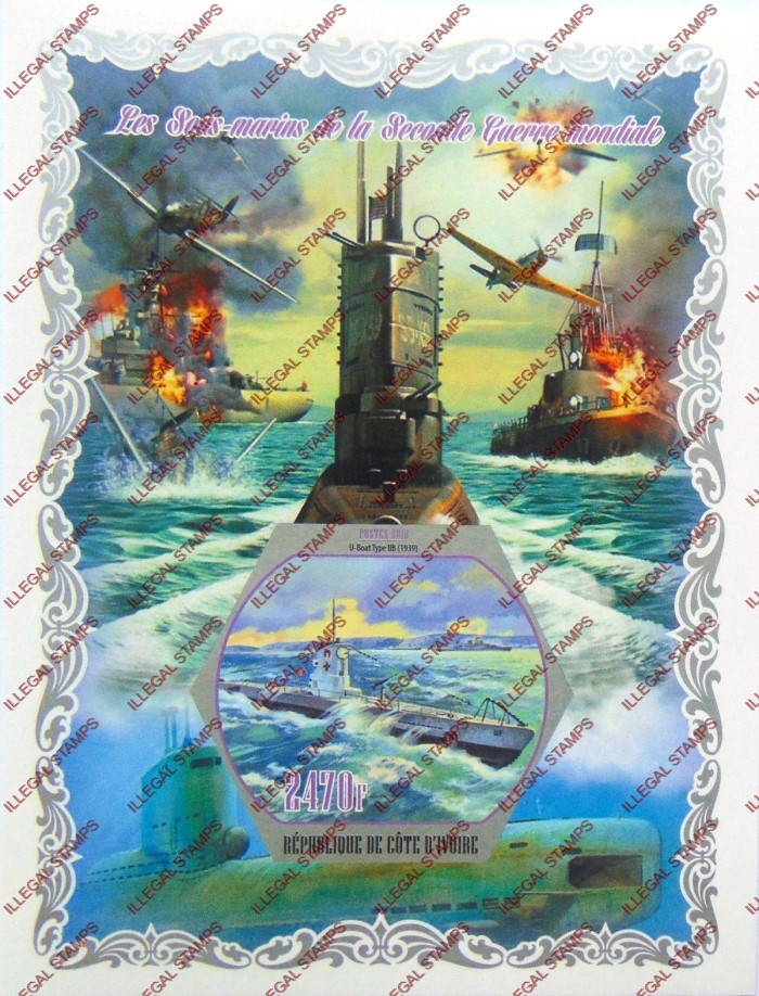 Ivory Coast 2018 World War 2 Submarines Illegal Stamp Souvenir Sheet of 1