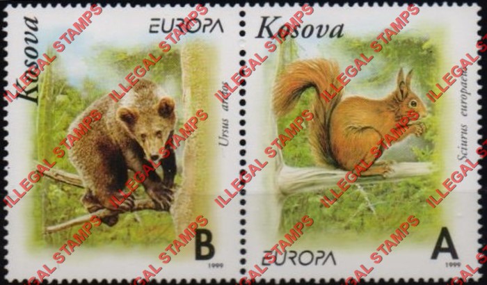 Kosovo 1999 Inscribed Kosova Bear and Squirrel EUROPA Counterfeit Illegal Stamp Pair
