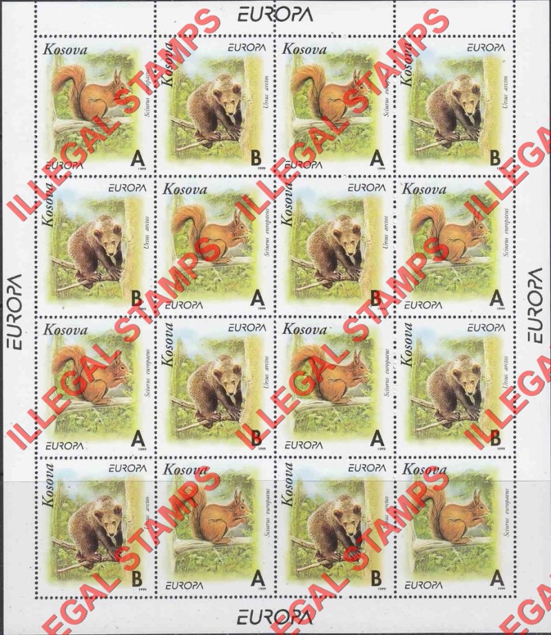 Kosovo 1999 Inscribed Kosova Bear and Squirrel EUROPA Counterfeit Illegal Stamp Souvenir Sheet of 16