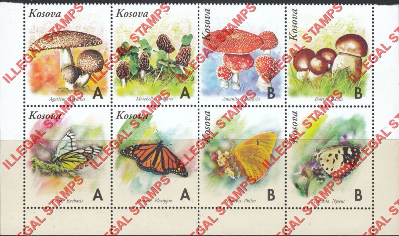 Kosovo 1999 Inscribed Kosova Butterflies Mushrooms Counterfeit Illegal Stamp Strips of 4 Pane Example