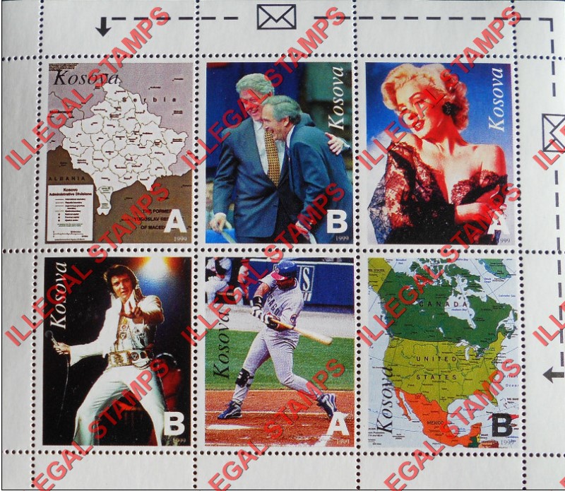 Kosovo 1999 Inscribed Kosova Celebrities and Maps Counterfeit Illegal Stamp Souvenir Sheet of 6