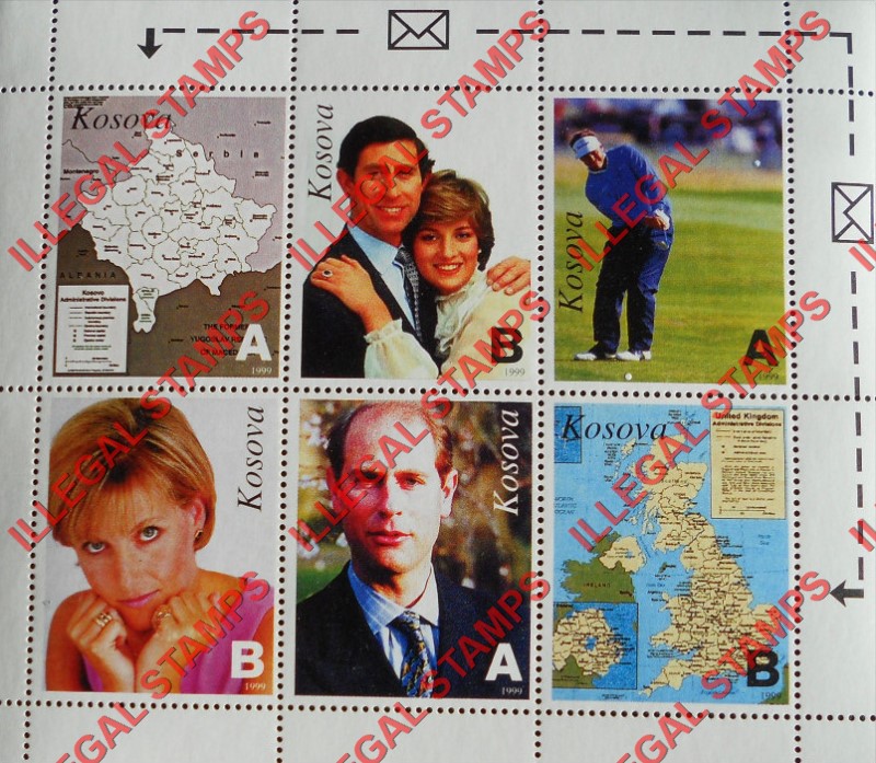 Kosovo 1999 Inscribed Kosova Diana Royalty and Maps Counterfeit Illegal Stamp Souvenir Sheet of 6