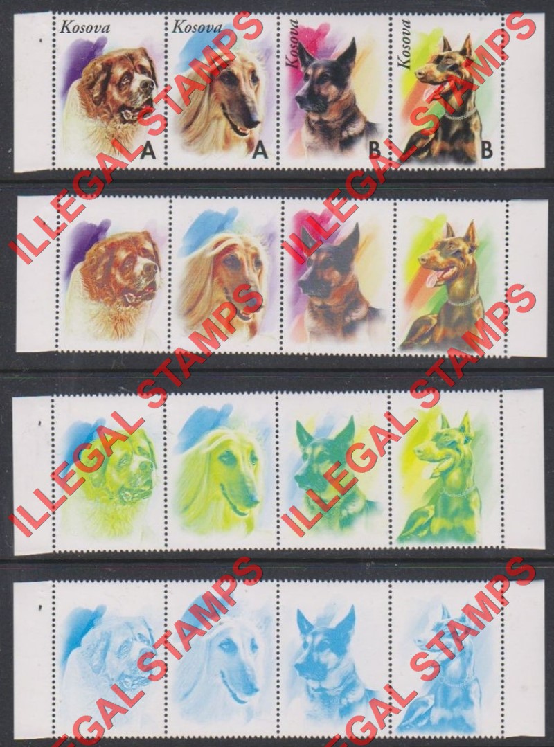 Kosovo 1999 Inscribed Kosova Dogs Counterfeit Illegal Stamp Strips of 4 Color Proof Set