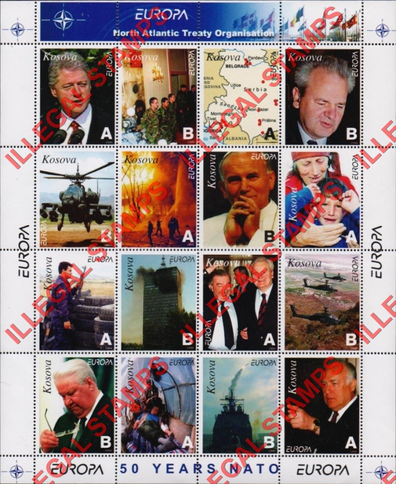 Kosovo 1999 Inscribed Kosova EUROPE 50 Years of NATO Counterfeit Illegal Stamp Souvenir Sheet of 16 (Sheet 1)