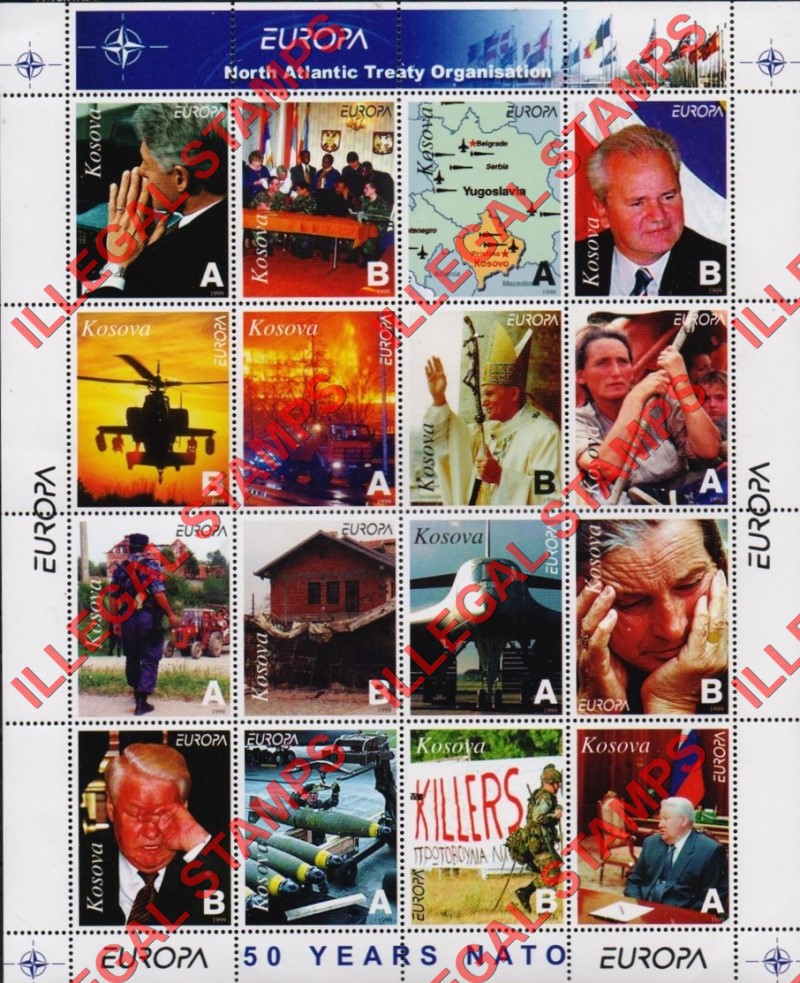 Kosovo 1999 Inscribed Kosova EUROPE 50 Years of NATO Counterfeit Illegal Stamp Souvenir Sheet of 16 (Sheet 2)