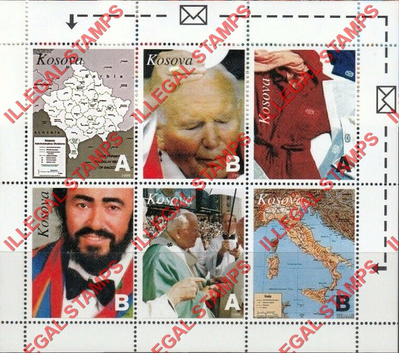 Kosovo 1999 Inscribed Kosova Pope and Maps Counterfeit Illegal Stamp Souvenir Sheet of 6