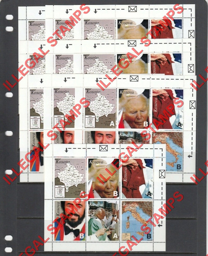 Kosovo 1999 Inscribed Kosova Pope and Maps Counterfeit Illegal Stamp Souvenir Sheet of 6 Bulk Lot