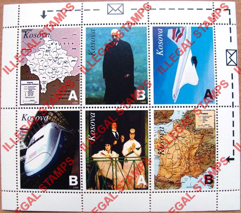Kosovo 1999 Inscribed Kosova Train de Gaulle and Maps Counterfeit Illegal Stamp Souvenir Sheet of 6