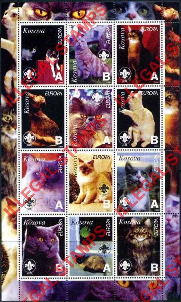 Kosovo 2000 Inscribed Kosova Cats Counterfeit Illegal Stamp Souvenir Sheet of 12