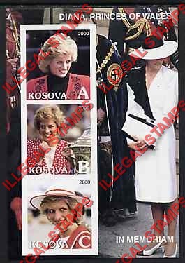 Kosovo 2000 Inscribed Kosova Princess Diana Counterfeit Illegal Stamp Souvenir Sheet of 3
