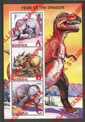 Kosovo 2000 Inscribed Kosova Dinosaurs Year of the Dragon Counterfeit Illegal Stamp Souvenir Sheet of 3