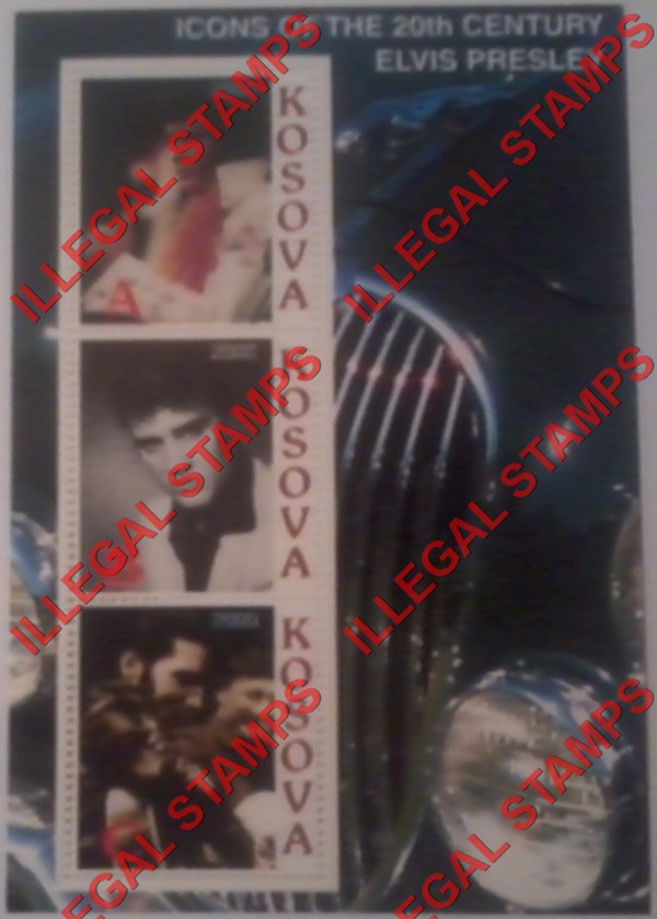 Kosovo 2000 Inscribed Kosova Elvis Presley Counterfeit Illegal Stamp Souvenir Sheet of 3