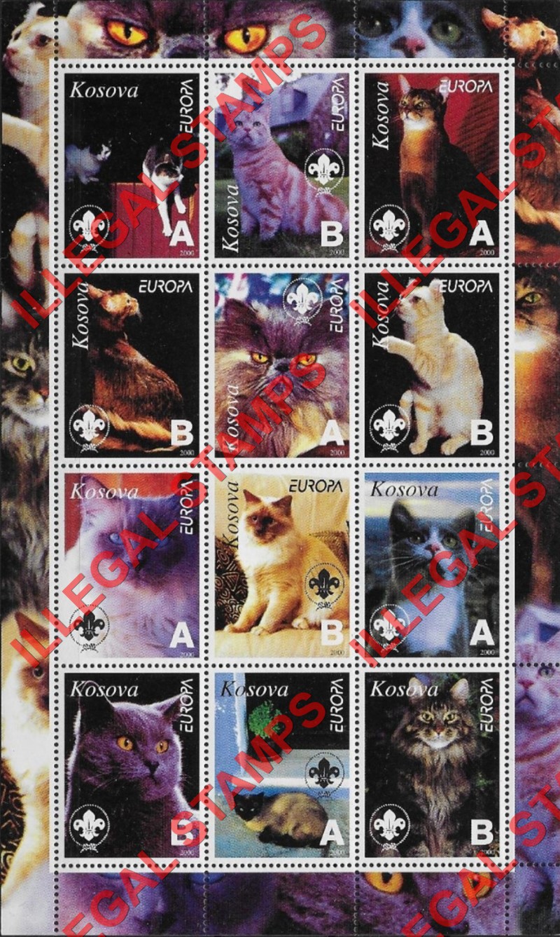 Kosovo 2000 Inscribed Kosova EUROPA Cats Counterfeit Illegal Stamp Souvenir Sheet of 12