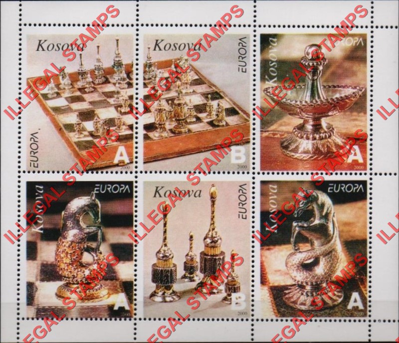 Kosovo 2000 Inscribed Kosova EUROPA Chess Counterfeit Illegal Stamp Souvenir Sheet of 6