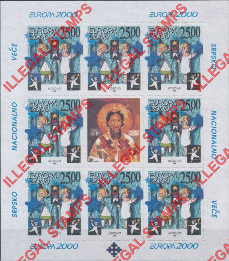 Kosovo 2000 EUROPA Christmas Counterfeit Illegal Stamp Souvenir Sheet of 8 Plus Label