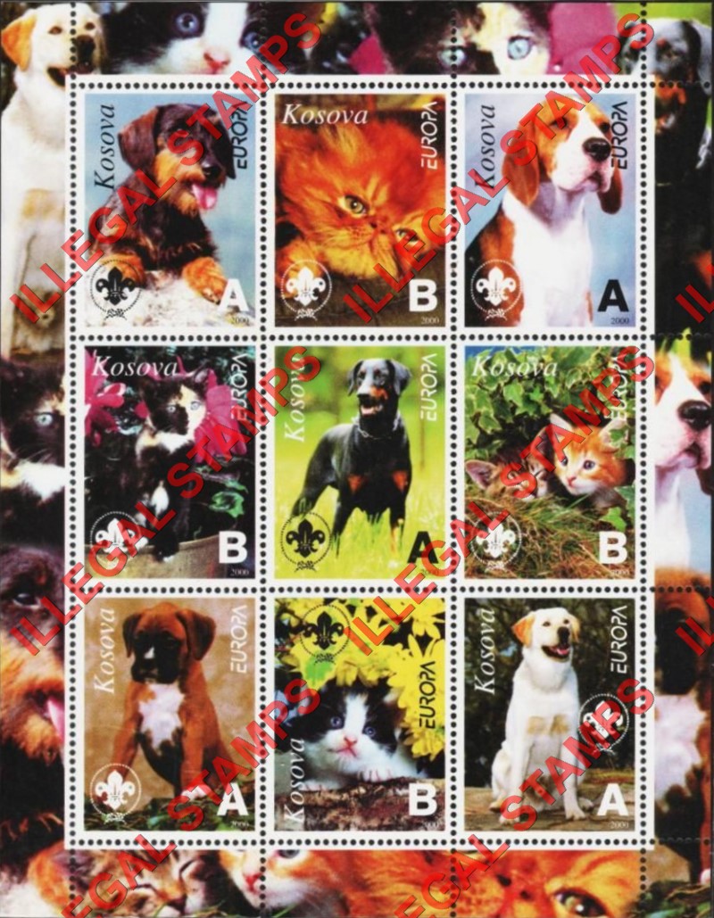 Kosovo 2000 Inscribed Kosova EUROPA Dogs and Cats Counterfeit Illegal Stamp Souvenir Sheet of 9