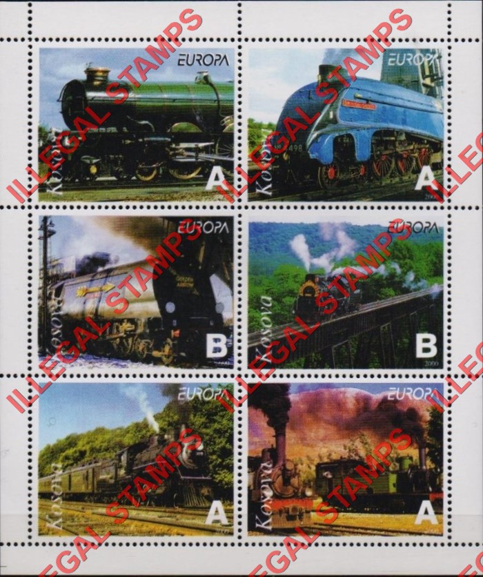 Kosovo 2000 Inscribed Kosova EUROPA Locomotives Counterfeit Illegal Stamp Souvenir Sheet of 6