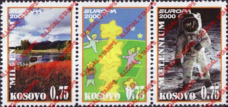 Kosovo 2000 Inscribed Kosova EUROPA Millennium Counterfeit Illegal Stamp Strip of 3