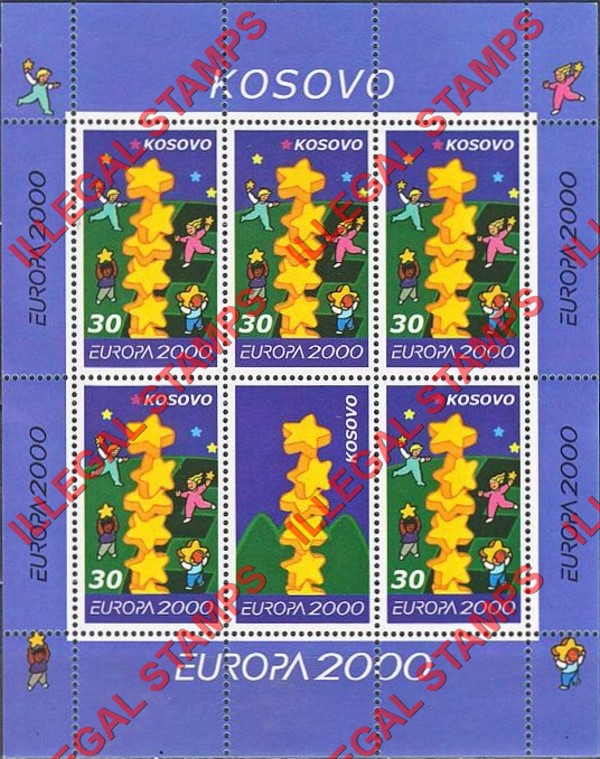 Kosovo 2000 Inscribed Kosova EUROPA Counterfeit Illegal Stamp Souvenir Sheet of 6