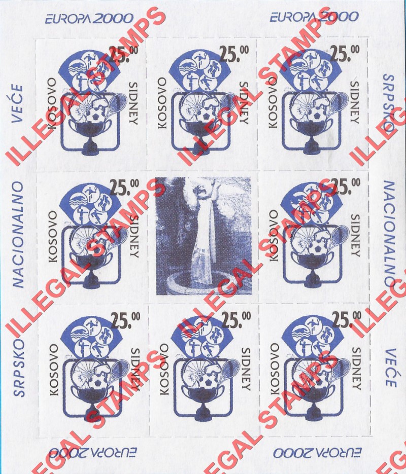 Kosovo 2000 EUROPA Sydney Olympics Counterfeit Illegal Stamp Souvenir Sheet of 8 Plus Label