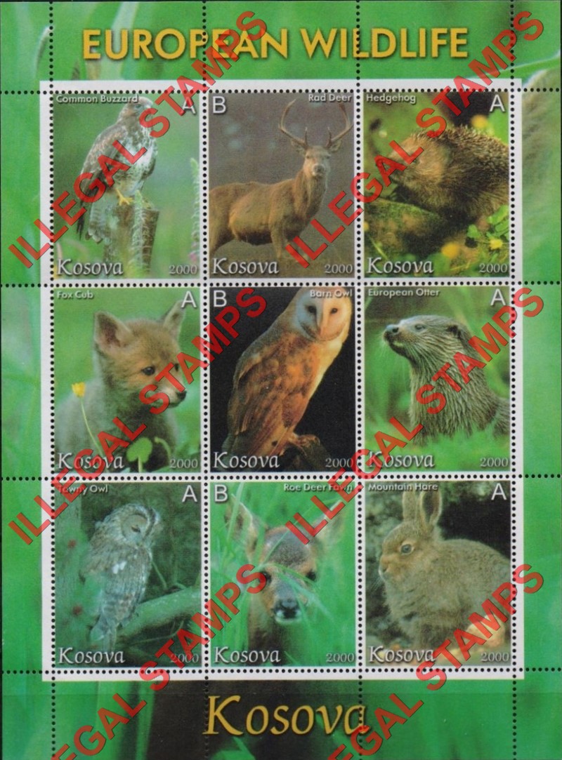Kosovo 2000 Inscribed Kosova European Wildlife Counterfeit Illegal Stamp Souvenir Sheet of 9