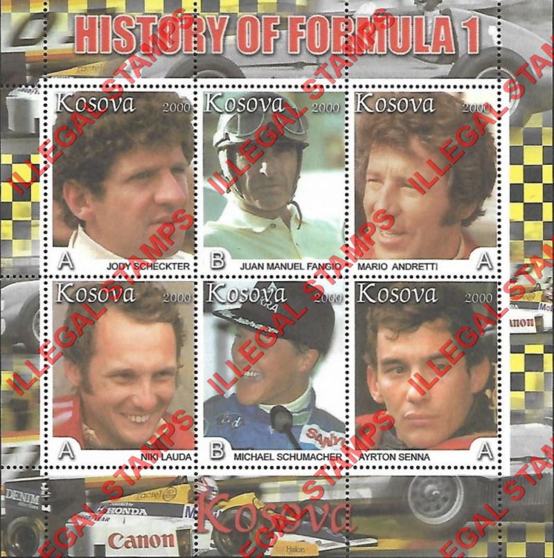 Kosovo 2000 Inscribed Kosova Formula I Drivers Counterfeit Illegal Stamp Souvenir Sheet of 6