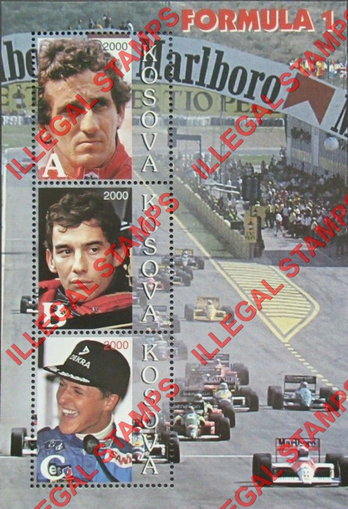 Kosovo 2000 Inscribed Kosova Formula I Drivers Counterfeit Illegal Stamp Souvenir Sheet of 3