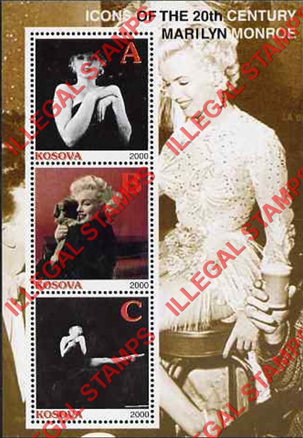Kosovo 2000 Inscribed Kosova Marilyn Monroe Counterfeit Illegal Stamp Souvenir Sheet of 3
