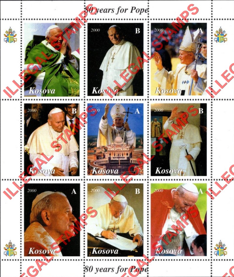 Kosovo 2000 Inscribed Kosova Pope John Paul II Counterfeit Illegal Stamp Souvenir Sheet of 9