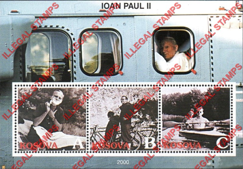 Kosovo 2000 Inscribed Kosova Pope John Paul II Counterfeit Illegal Stamp Souvenir Sheet of 3 (Sheet 1)