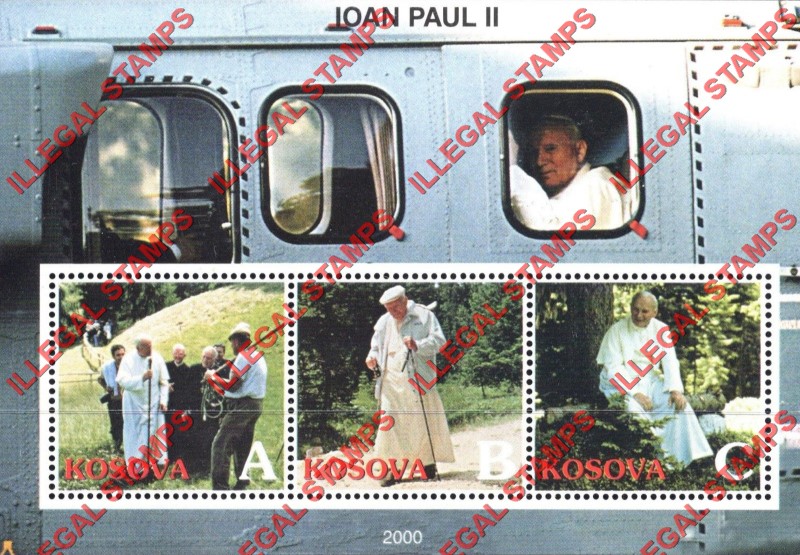 Kosovo 2000 Inscribed Kosova Pope John Paul II Counterfeit Illegal Stamp Souvenir Sheet of 3 (Sheet 2)