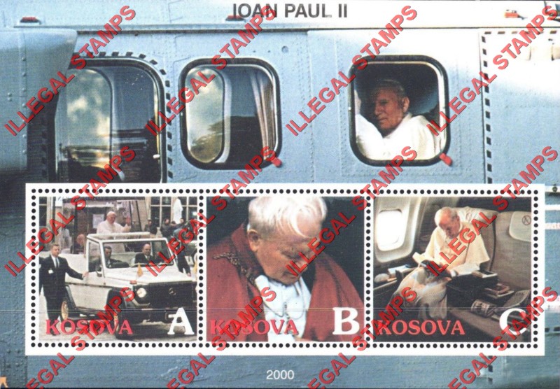 Kosovo 2000 Inscribed Kosova Pope John Paul II Counterfeit Illegal Stamp Souvenir Sheet of 3 (Sheet 3)
