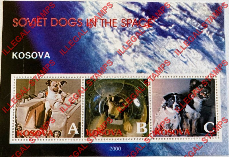 Kosovo 2000 Inscribed Kosova Soviet Dogs in Space Counterfeit Illegal Stamp Souvenir Sheet of 3