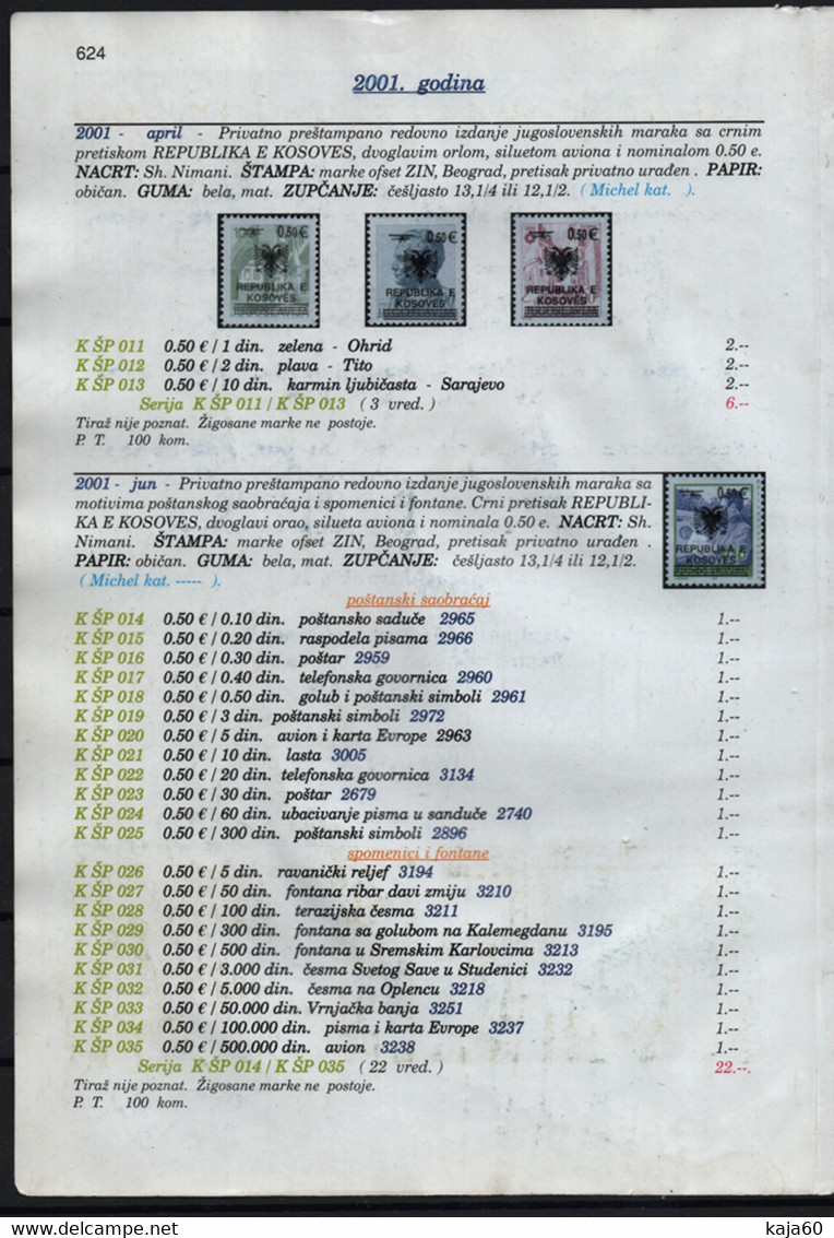 Bogus Catalog Page Stating Kosovo Counterfeit overprint Stamps made in 2002 or later were made in 2001