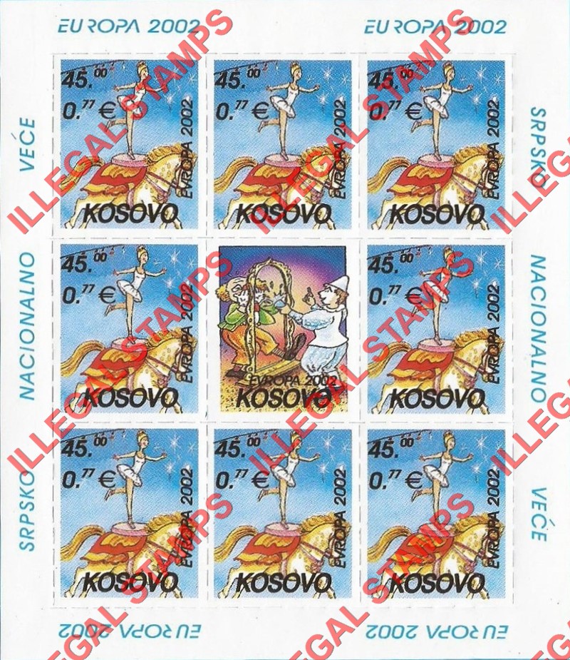 Kosovo 2002 EUROPA Circus Counterfeit Illegal Stamp Souvenir Sheet of 8 Plus Label (Sheet 1)