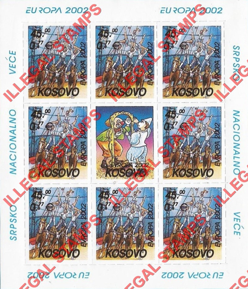 Kosovo 2002 EUROPA Circus Counterfeit Illegal Stamp Souvenir Sheet of 8 Plus Label (Sheet 2)