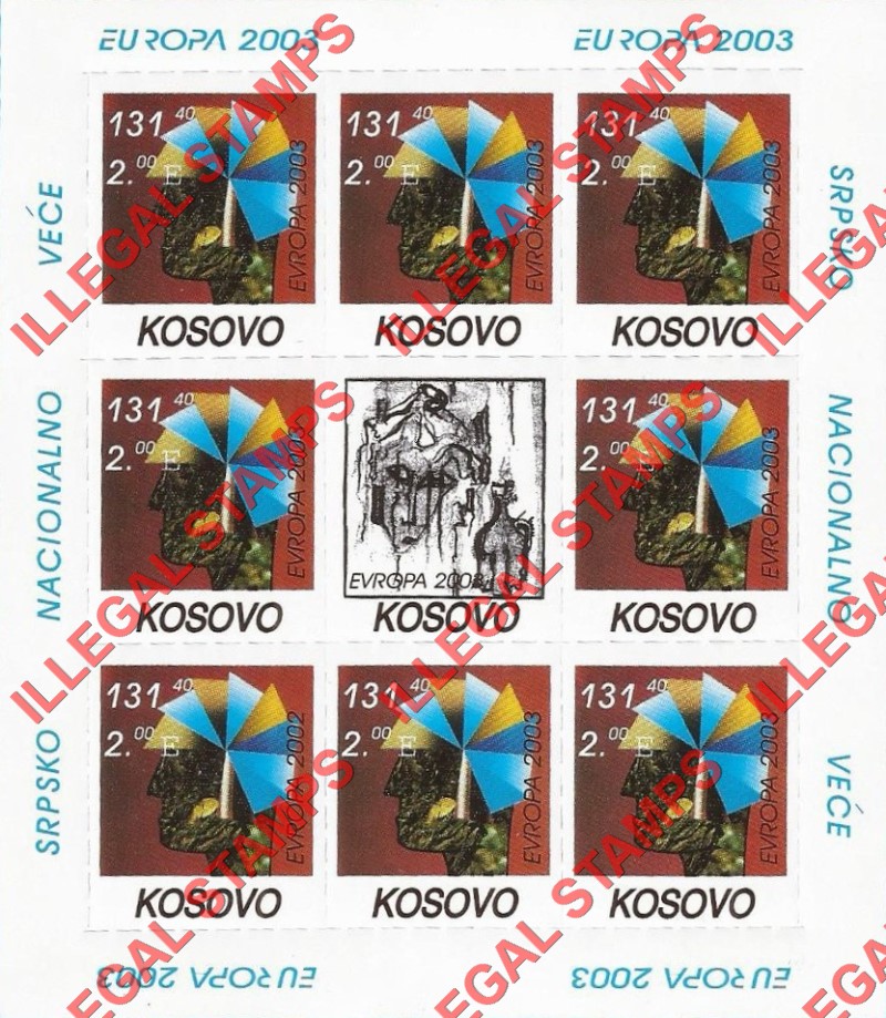 Kosovo 2003 EUROPA Art Counterfeit Illegal Stamp Souvenir Sheet of 8 Plus Label