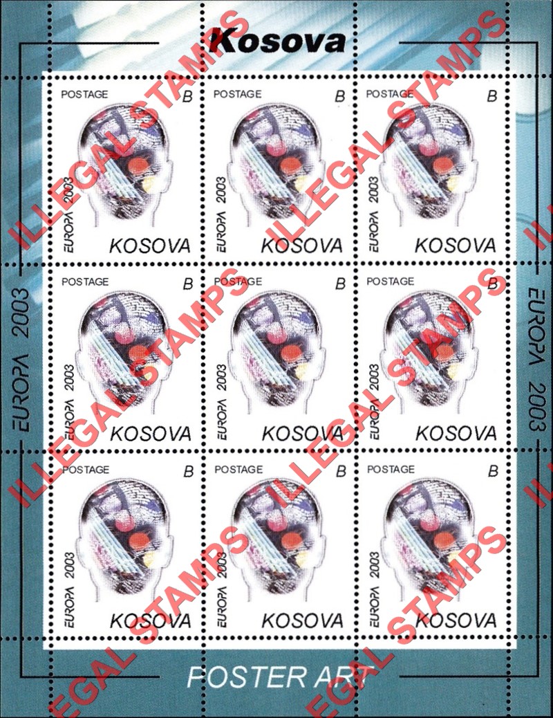 Kosovo 2003 EUROPA Poster Art Counterfeit Illegal Stamp Souvenir Sheet of 9 (Sheet 1)