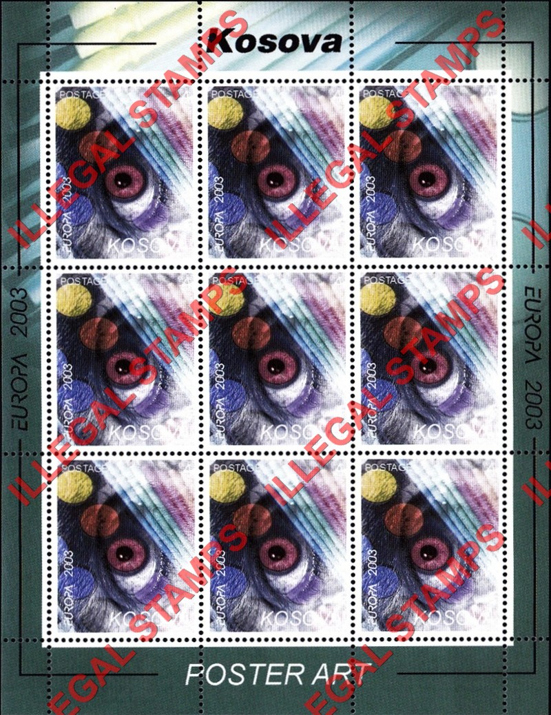 Kosovo 2003 EUROPA Poster Art Counterfeit Illegal Stamp Souvenir Sheet of 9 (Sheet 2)