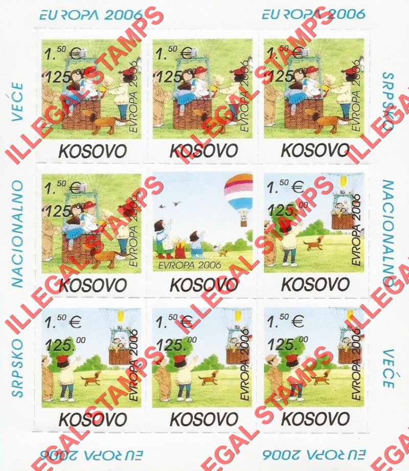 Kosovo 2006 EUROPA Hot Air Ballon Ride Counterfeit Illegal Stamp Souvenir Sheet of 8 Plus Label