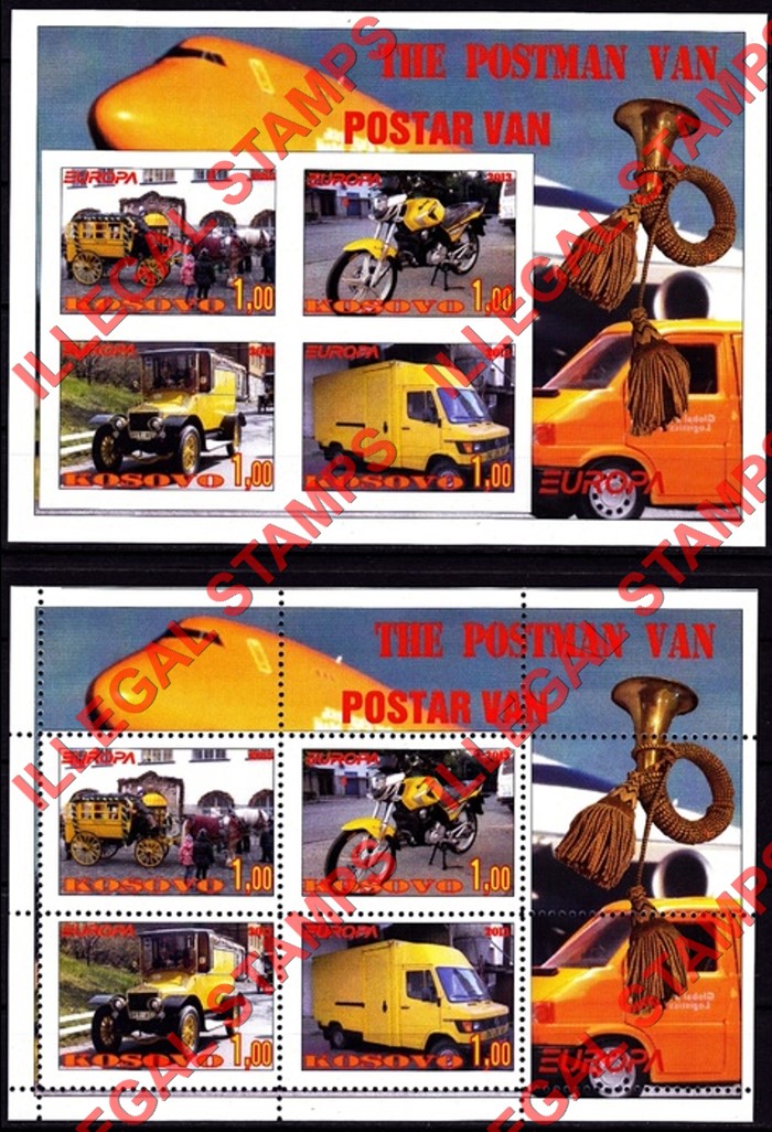 Kosovo 2013 EUROPA Postal Vehicles Counterfeit Illegal Stamp Souvenir Sheets of 4