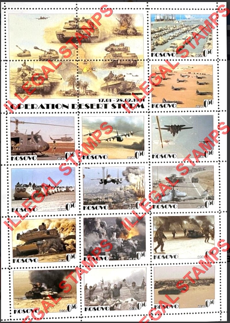 Kosovo 2021 Operation Desert Storm in Iraq Counterfeit Illegal Stamp Sheet of 14 Plus 4 Labels